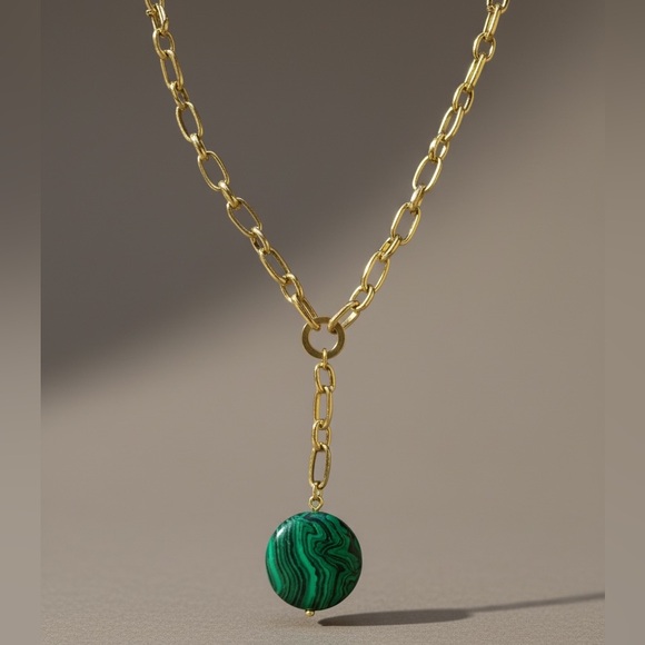 Jewelry - Vintage Gold Chain Necklace Green Malachite Pendant Drop Y Necklace Lariat